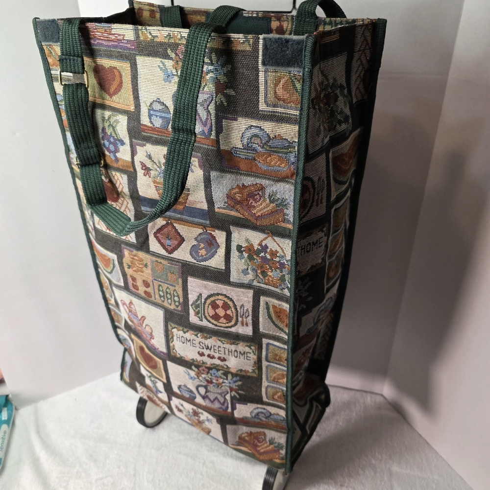 Vintage"Home‎ Sweet Home" pattern Tapestry Shopping Tote with Folding wheels